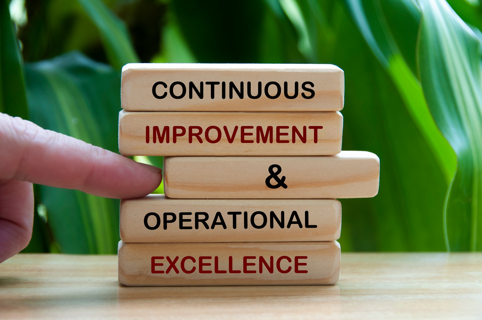 Continuous improvement and operational excellence text on wooden blocks. Business Concept